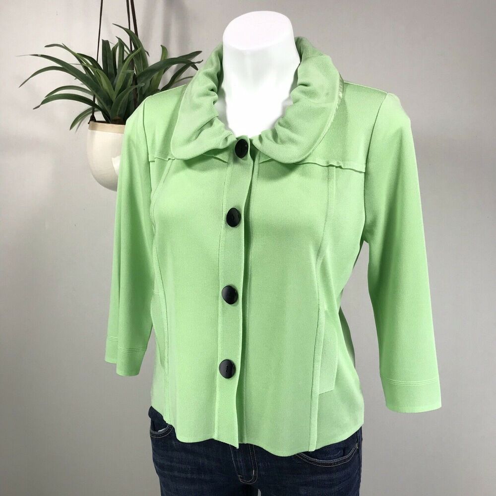 Ming Wang Knit‎ Snap Cardigan Green Filament Acrylic Blouse Top Ruffle Size S